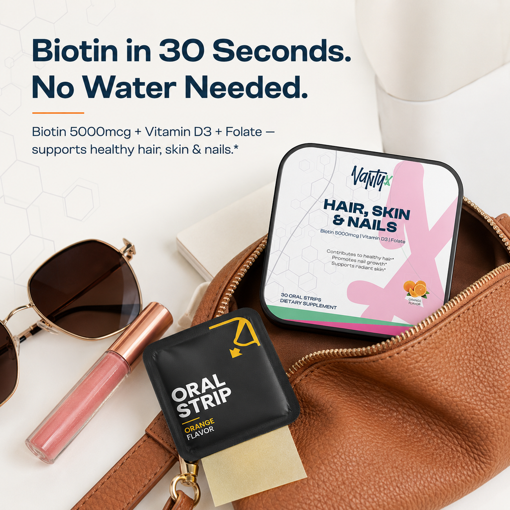 Cintas para el Cabello, Piel y Uñas Vantyx — Biotina 5000mcg + Vitamina D3 + Folato · 30 Cintas Orales de Naranja