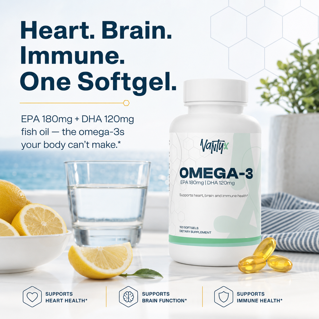 Vantyx Omega-3 Fish Oil — EPA 180mg + DHA 120mg · 100 Softgels