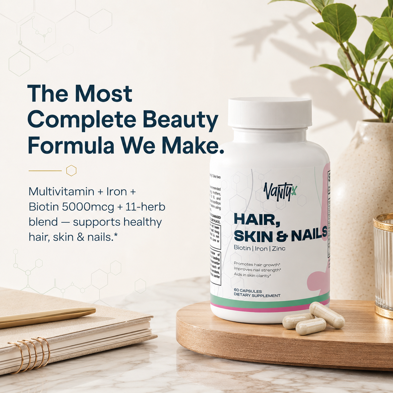 Hair, Skin & Nails Essentials Vantyx — Multivitamínico + Hierro + Biotina 5000mcg + Mezcla Botánica · 60 Cápsulas