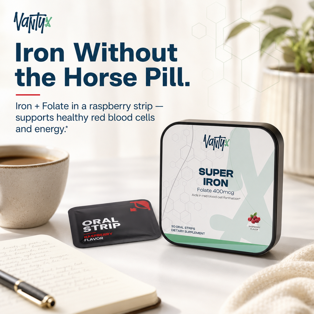 Vantyx Super Iron Strips — Iron + Folate, 30 Raspberry Strips