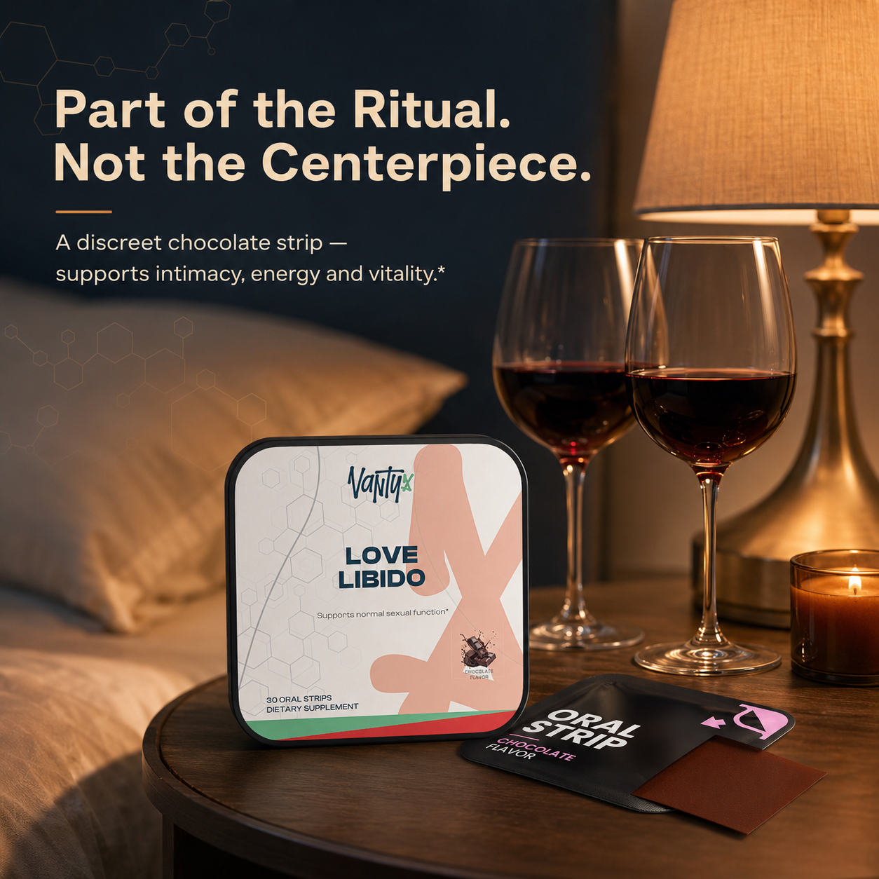 Love Libido Strips Vantyx — Tiras Orales con Cordyceps, Shilajit y Péptido de Ostra · 30 Tiras de Chocolate