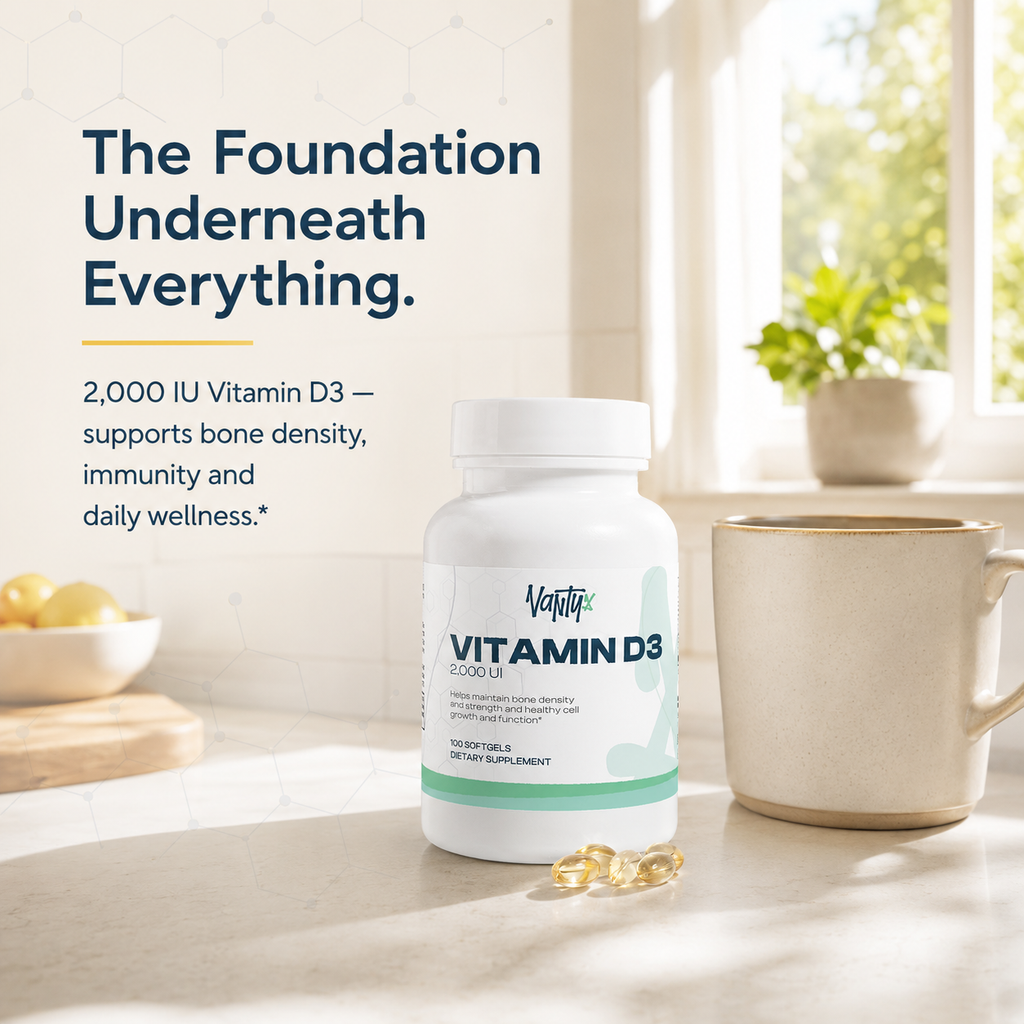 Vitamina D3 2,000 UI Vantyx — Huesos, sistema inmunitario y bienestar diario · 100 cápsulas blandas (suministro para 100 días)