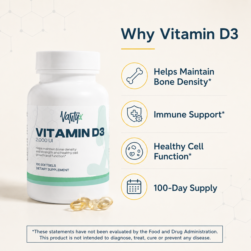Vitamina D3 2,000 UI Vantyx — Huesos, sistema inmunitario y bienestar diario · 100 cápsulas blandas (suministro para 100 días)