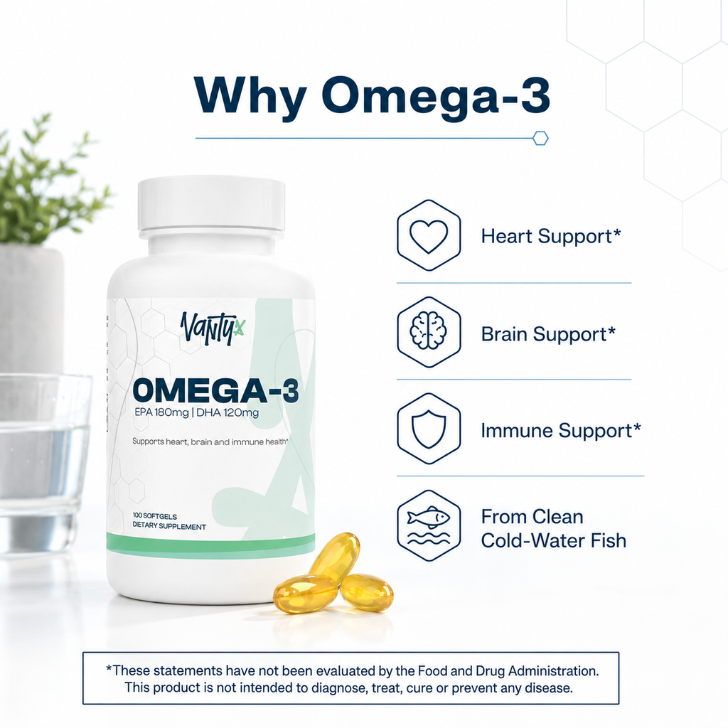 Vantyx Omega-3 Fish Oil — EPA 180mg + DHA 120mg · 100 Softgels