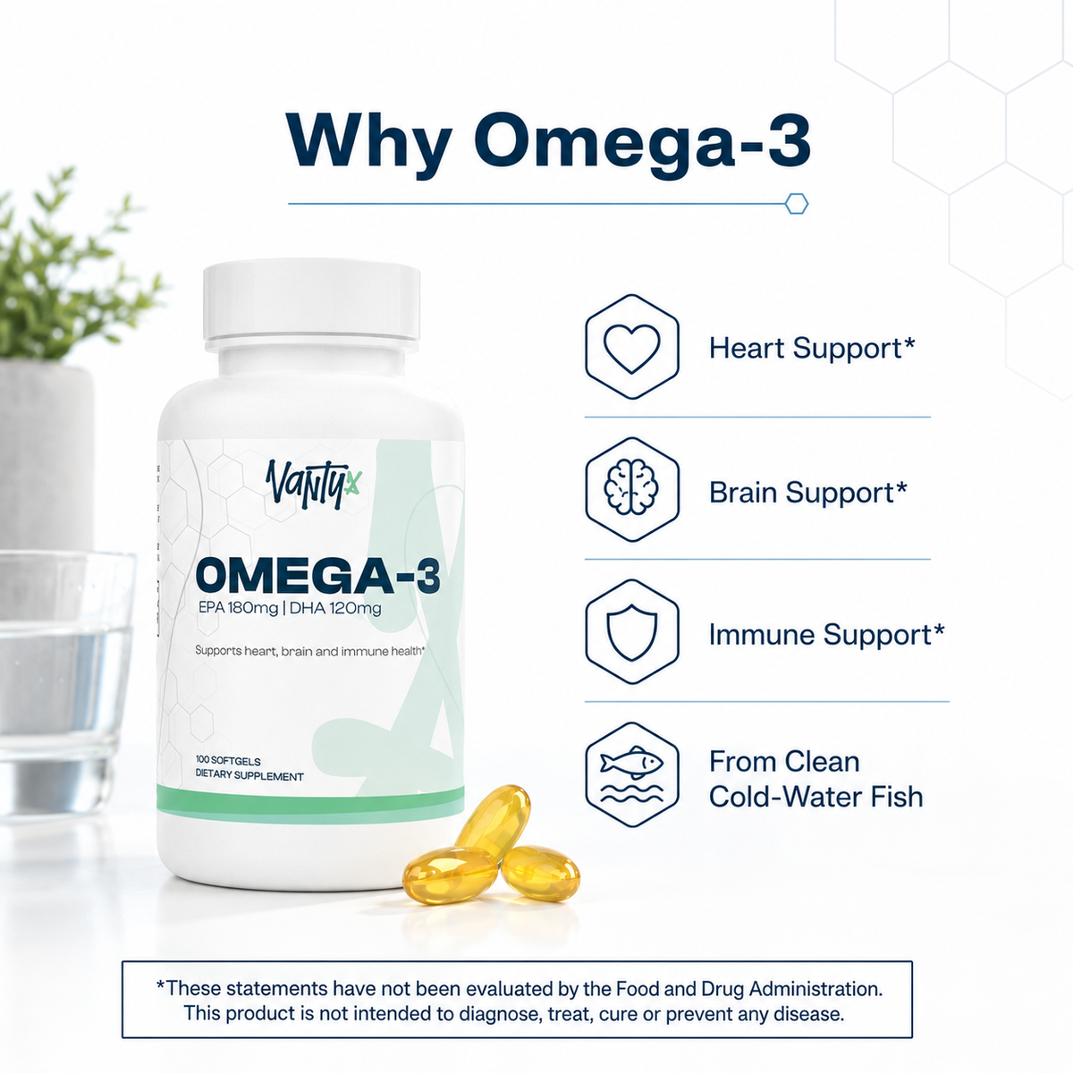 Vantyx Omega-3 Fish Oil — EPA 180mg + DHA 120mg · 100 Softgels