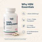 Hair, Skin & Nails Essentials Vantyx — Multivitamínico + Hierro + Biotina 5000mcg + Mezcla Botánica · 60 Cápsulas