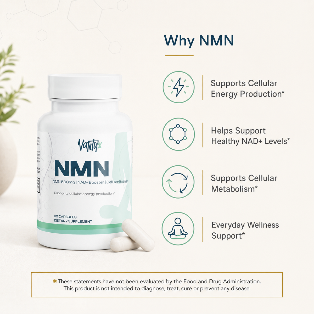NMN 500mg — NAD+ Support Capsules · 30 Caps