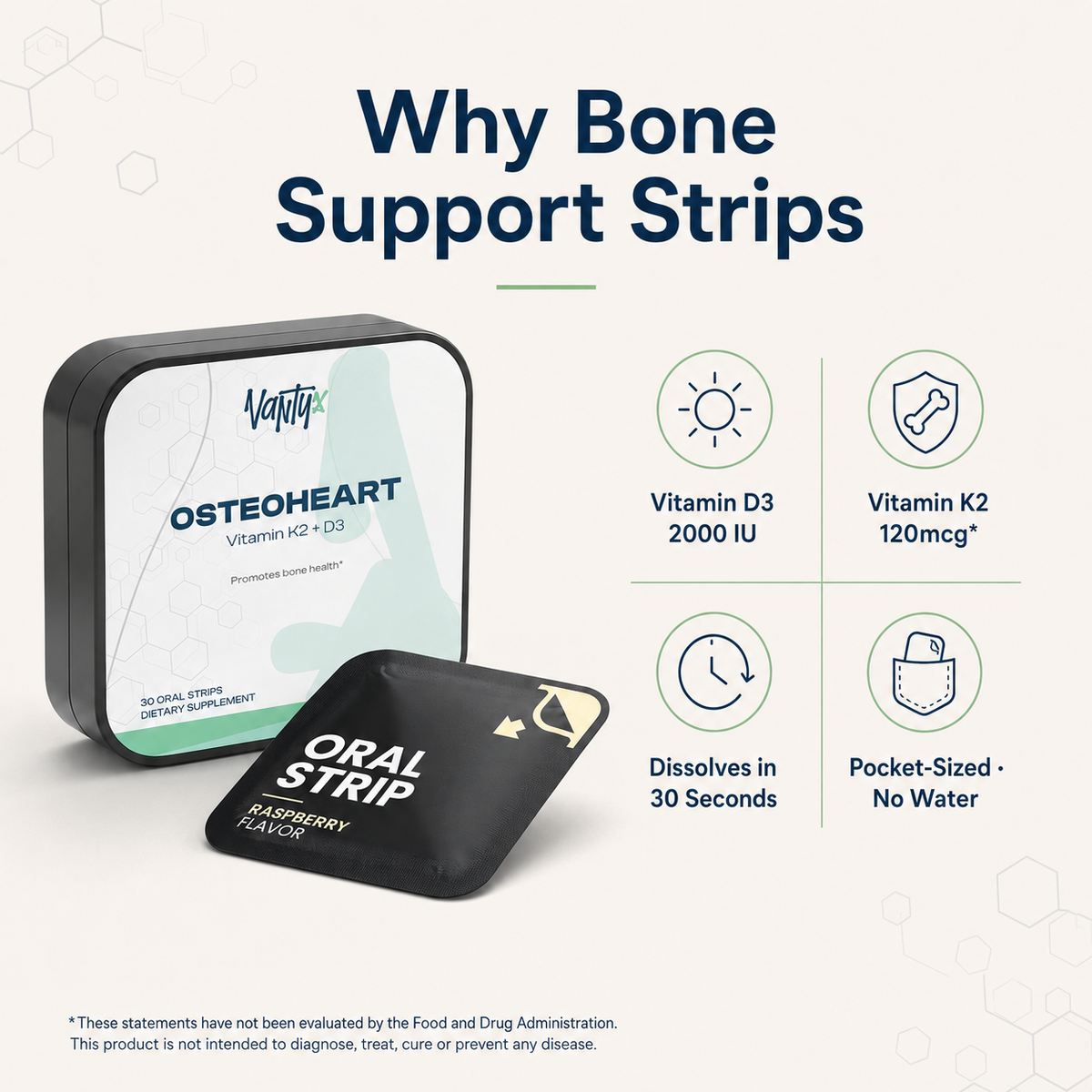 Vantyx Osteoheart Strips — D3 + K2, 30 Raspberry Strips