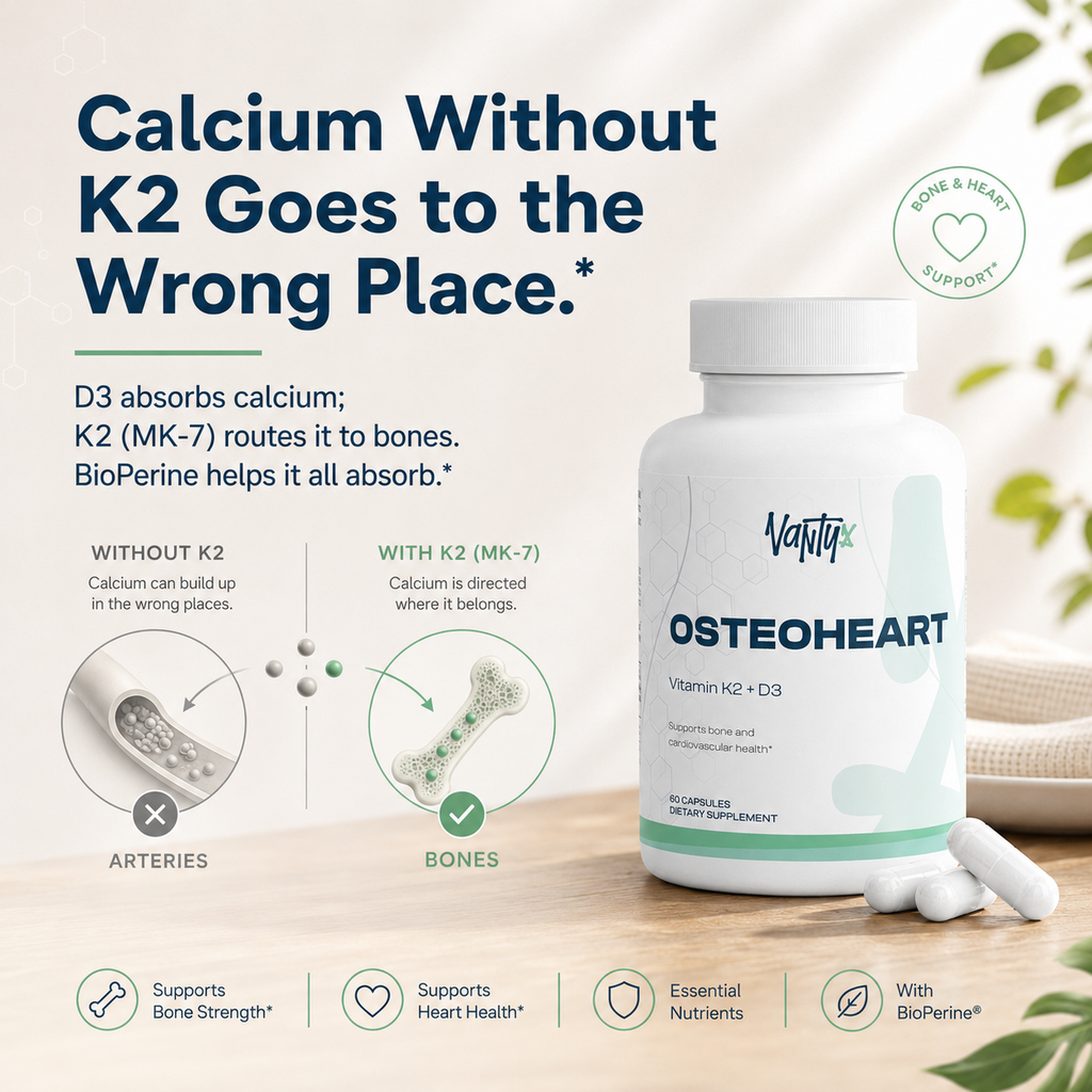 Osteoheart Vantyx — Apoyo Óseo y Cardíaco con Vitamina K2 (MK-7) + D3 + Calcio + BioPerine · 60 Cápsulas
