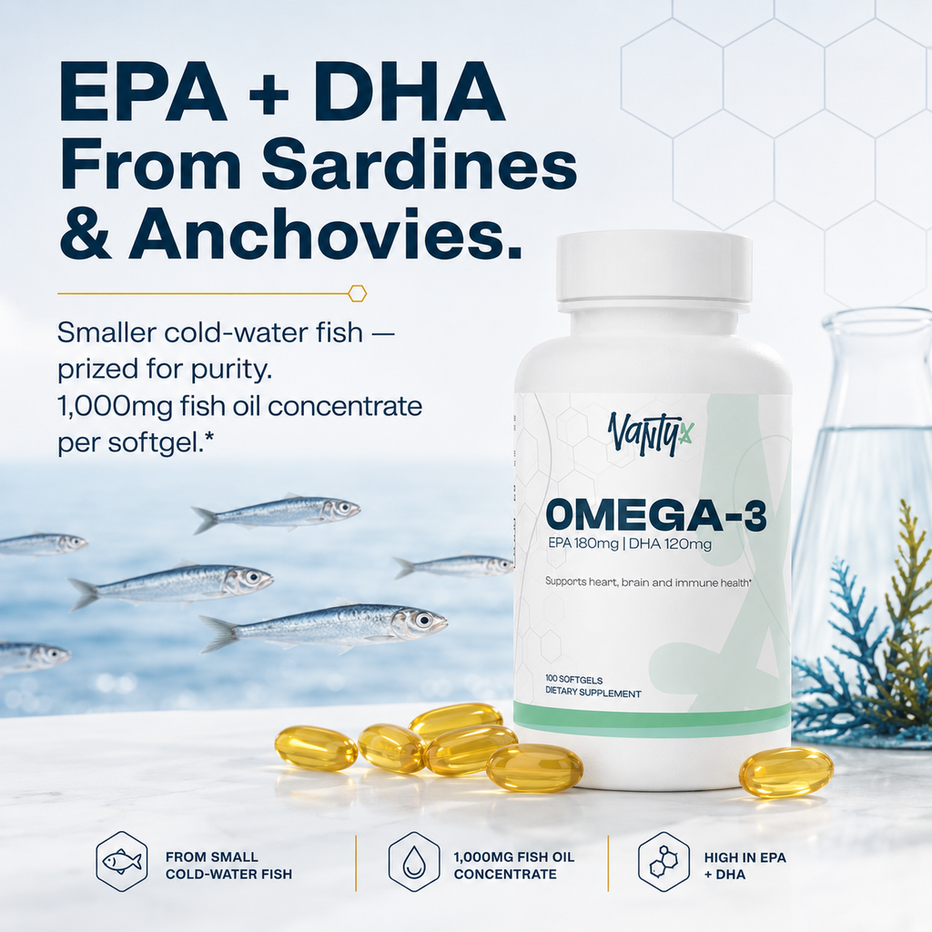 Vantyx Omega-3 Fish Oil — EPA 180mg + DHA 120mg · 100 Softgels