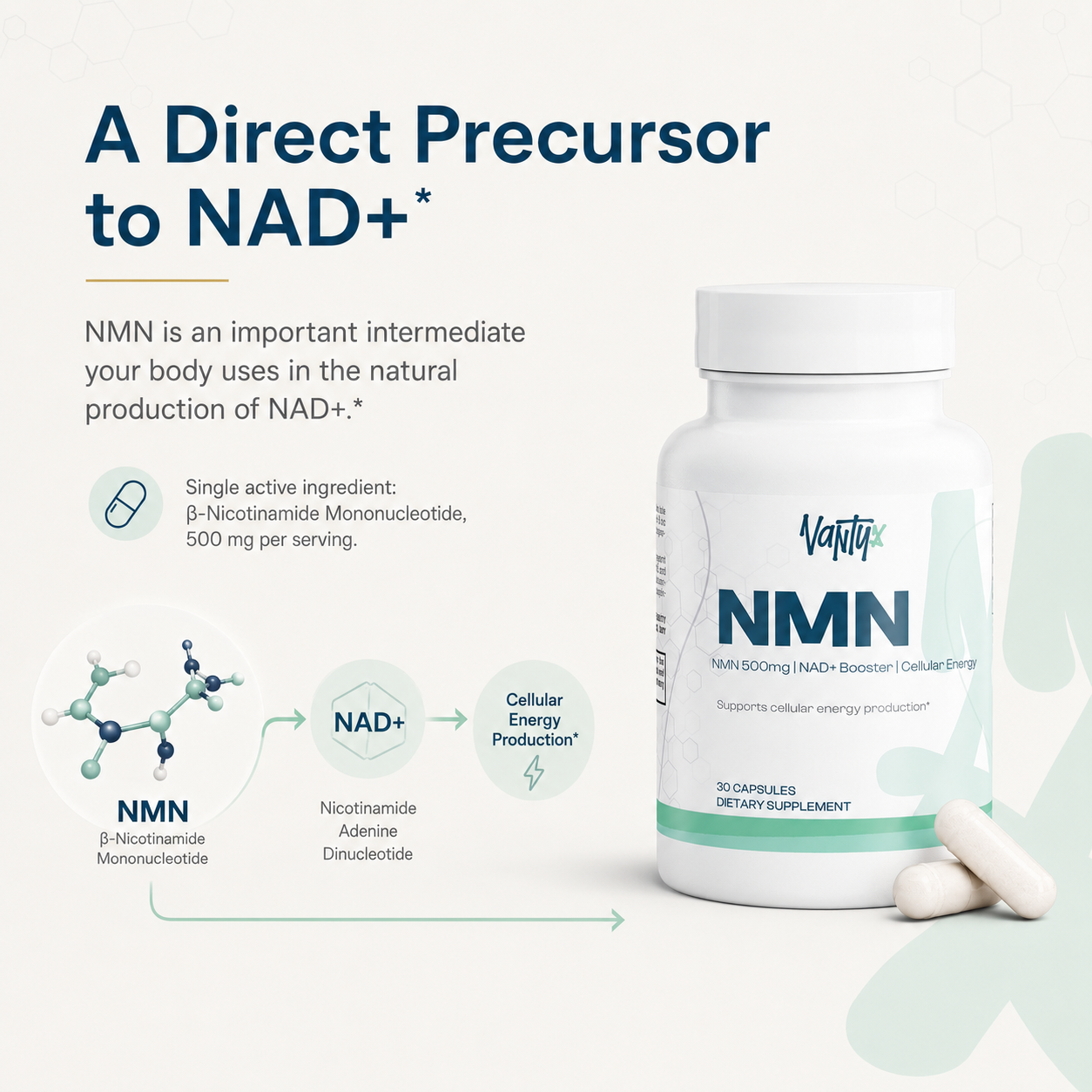 NMN 500mg — NAD+ Support Capsules · 30 Caps