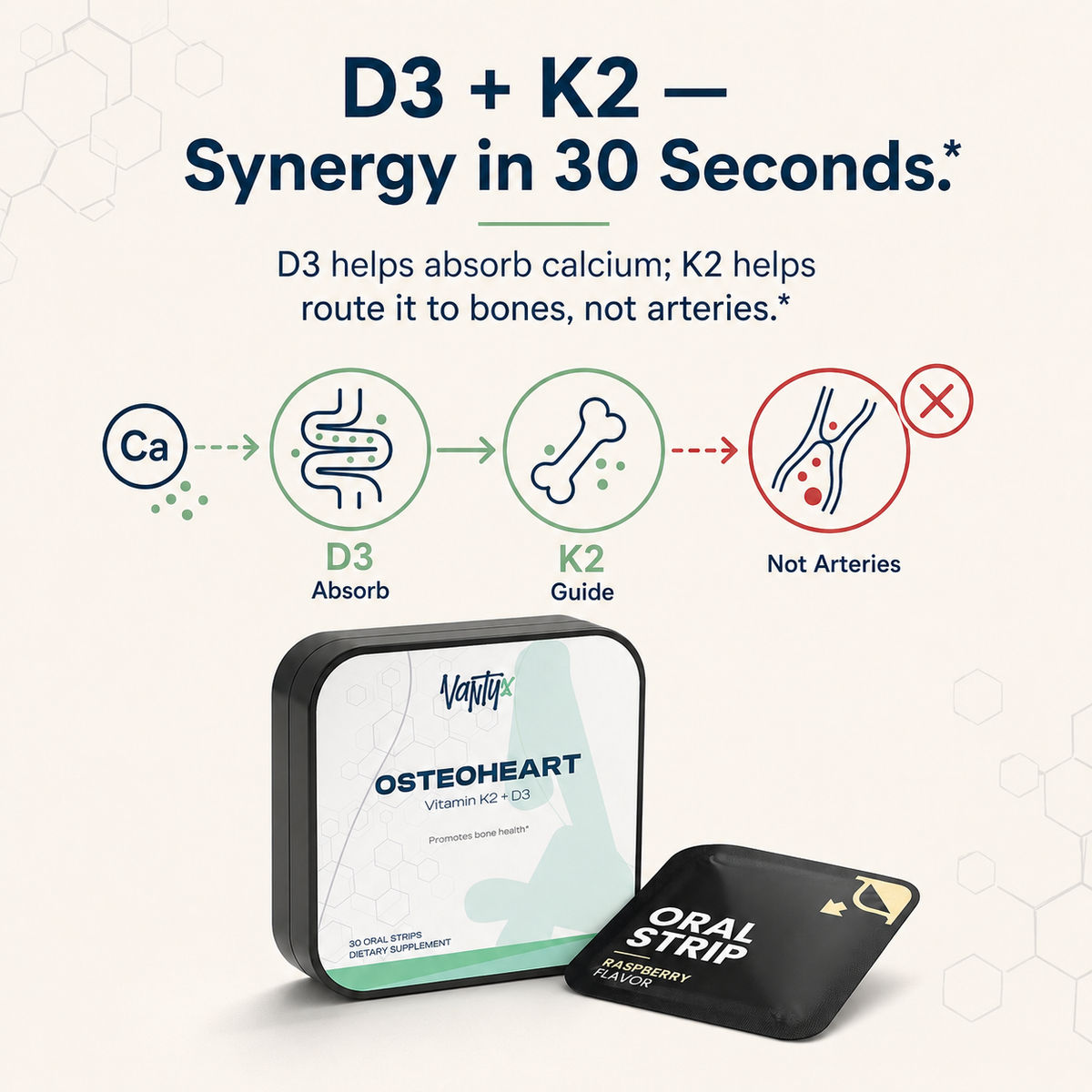 Vantyx Osteoheart Strips — D3 + K2, 30 Raspberry Strips
