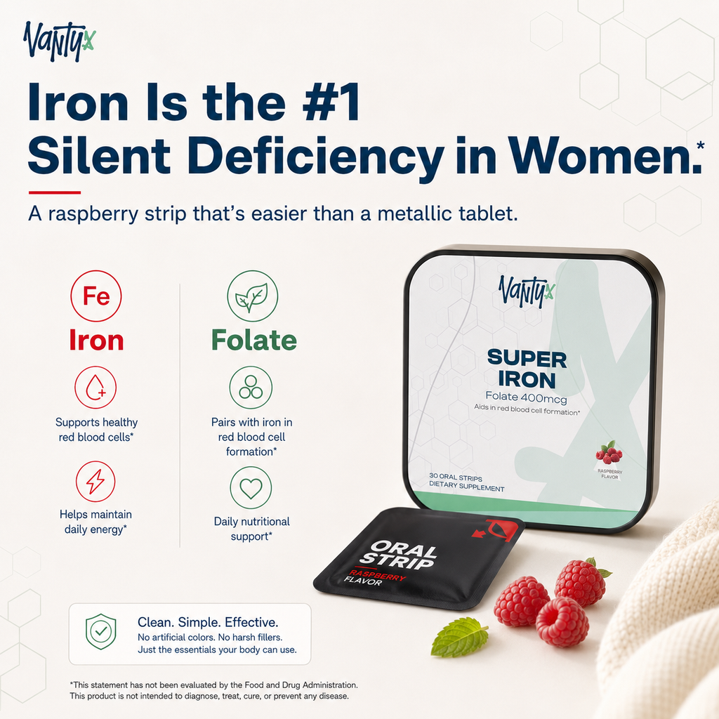 Vantyx Super Iron Strips — Iron + Folate, 30 Raspberry Strips