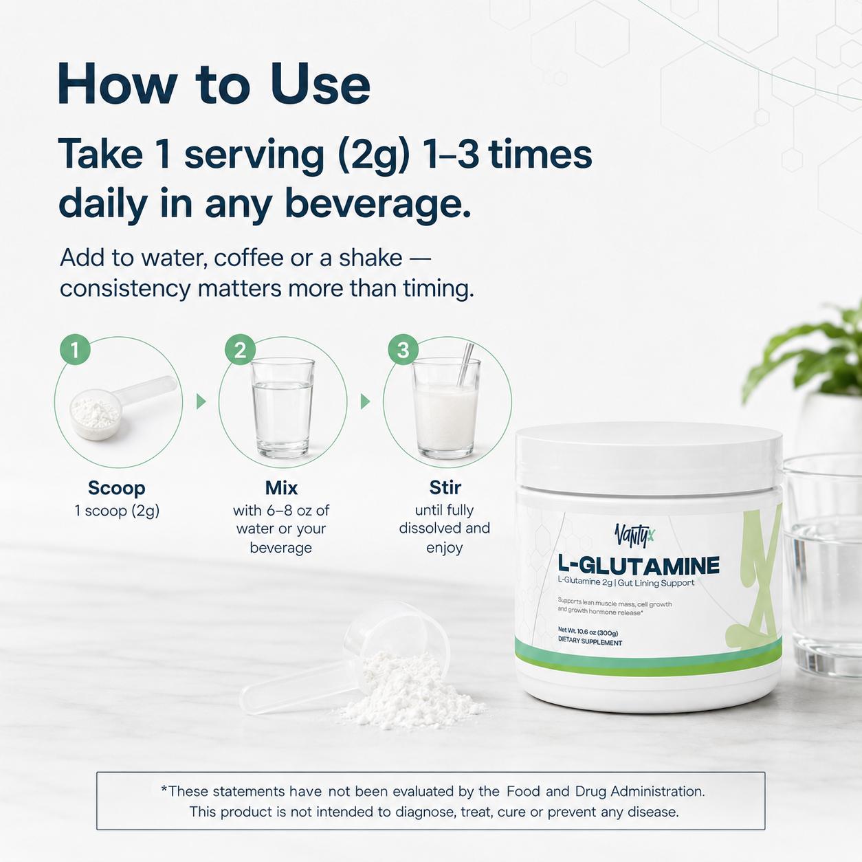 L-Glutamine Powder — Gut Lining Support · 2g per Serving · 300g (150 Servings)