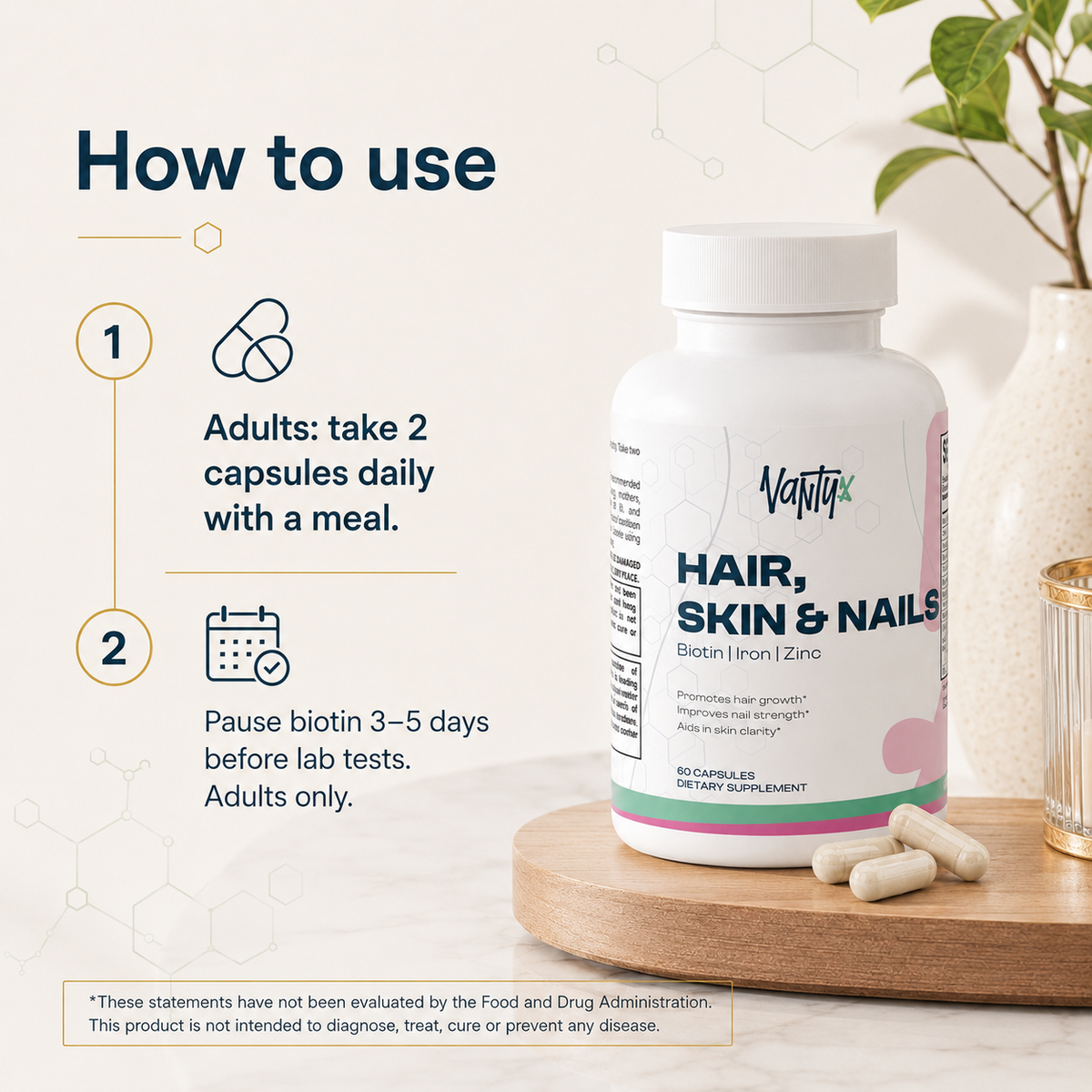 Hair, Skin & Nails Essentials Vantyx — Multivitamínico + Hierro + Biotina 5000mcg + Mezcla Botánica · 60 Cápsulas