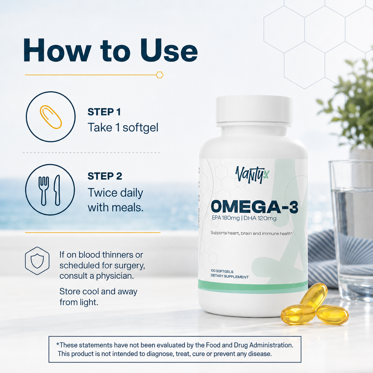 Vantyx Omega-3 Fish Oil — EPA 180mg + DHA 120mg · 100 Softgels