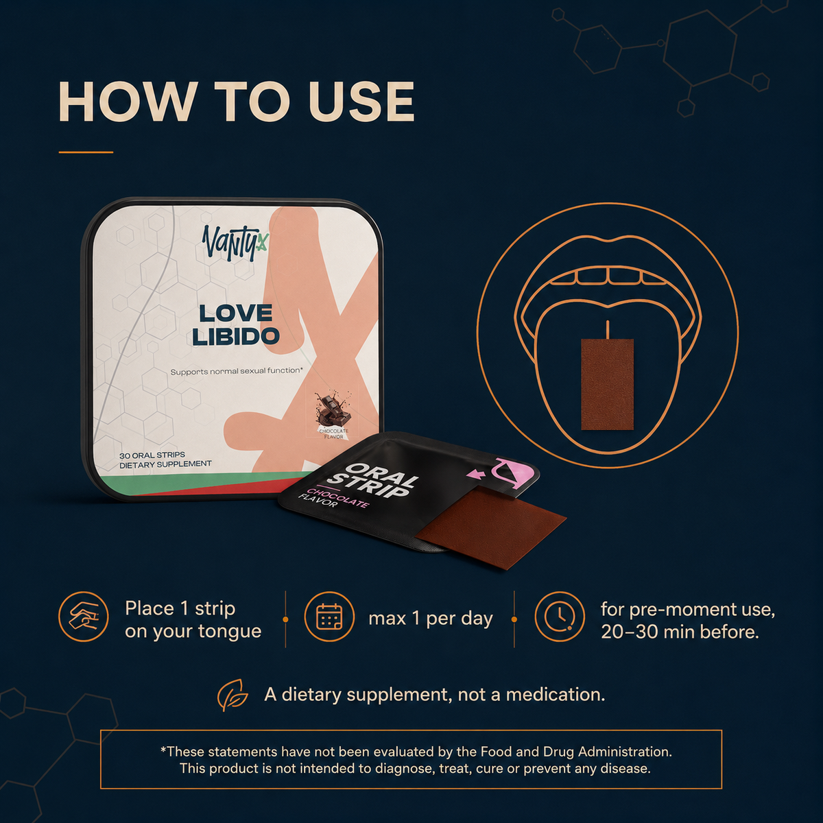 Love Libido Strips Vantyx — Tiras Orales con Cordyceps, Shilajit y Péptido de Ostra · 30 Tiras de Chocolate