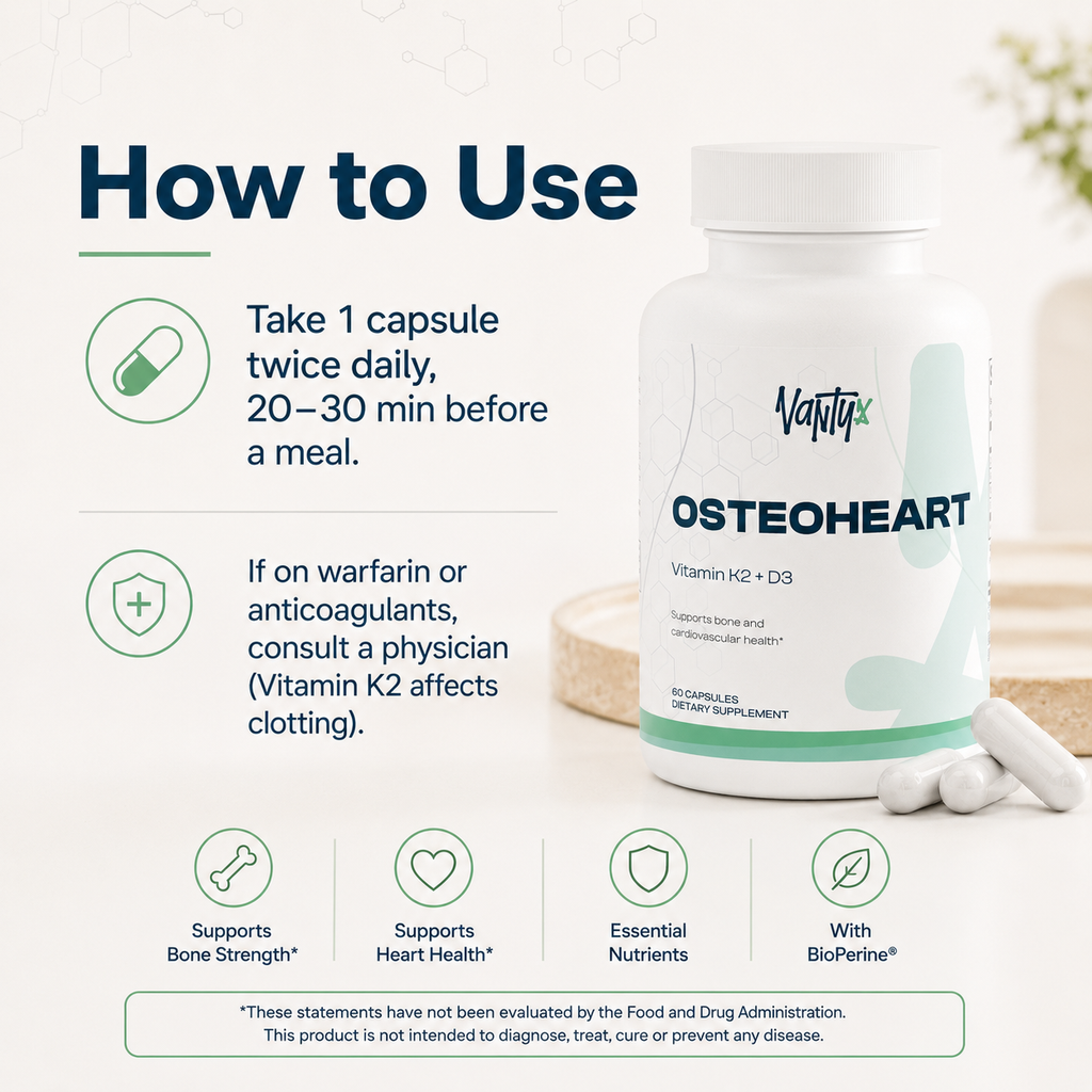 Osteoheart Vantyx — Apoyo Óseo y Cardíaco con Vitamina K2 (MK-7) + D3 + Calcio + BioPerine · 60 Cápsulas