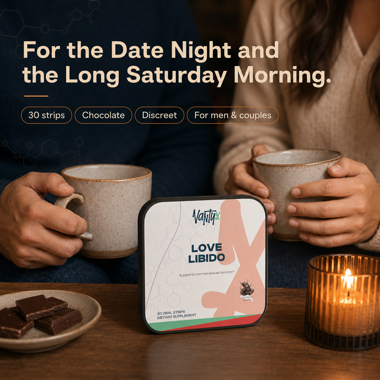 Love Libido Strips Vantyx — Tiras Orales con Cordyceps, Shilajit y Péptido de Ostra · 30 Tiras de Chocolate