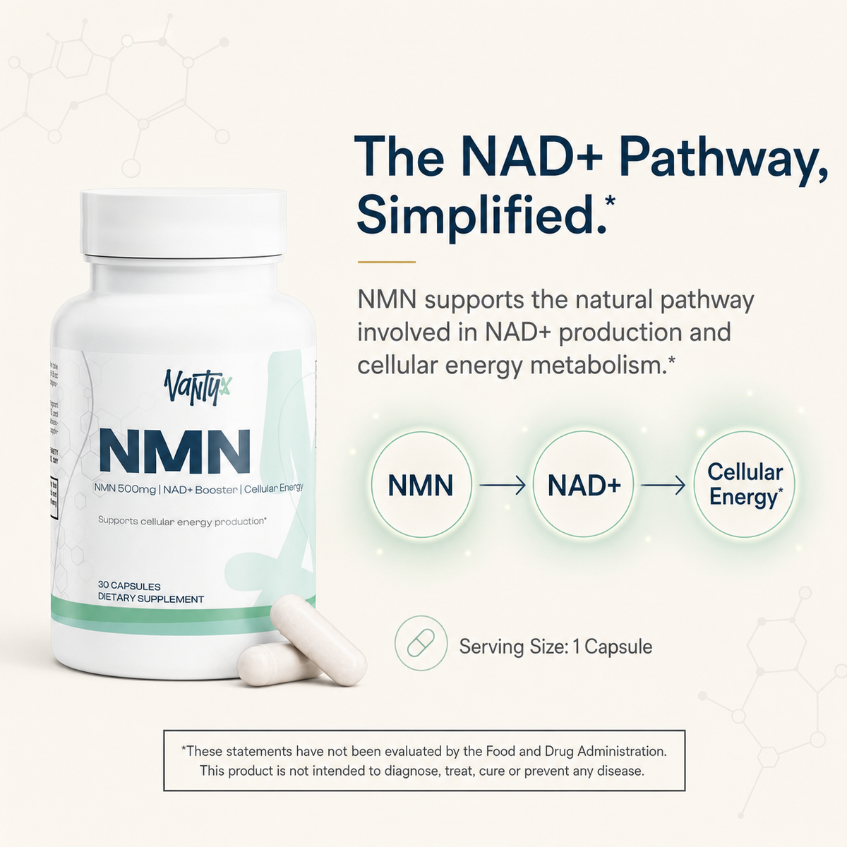NMN 500mg — NAD+ Support Capsules · 30 Caps