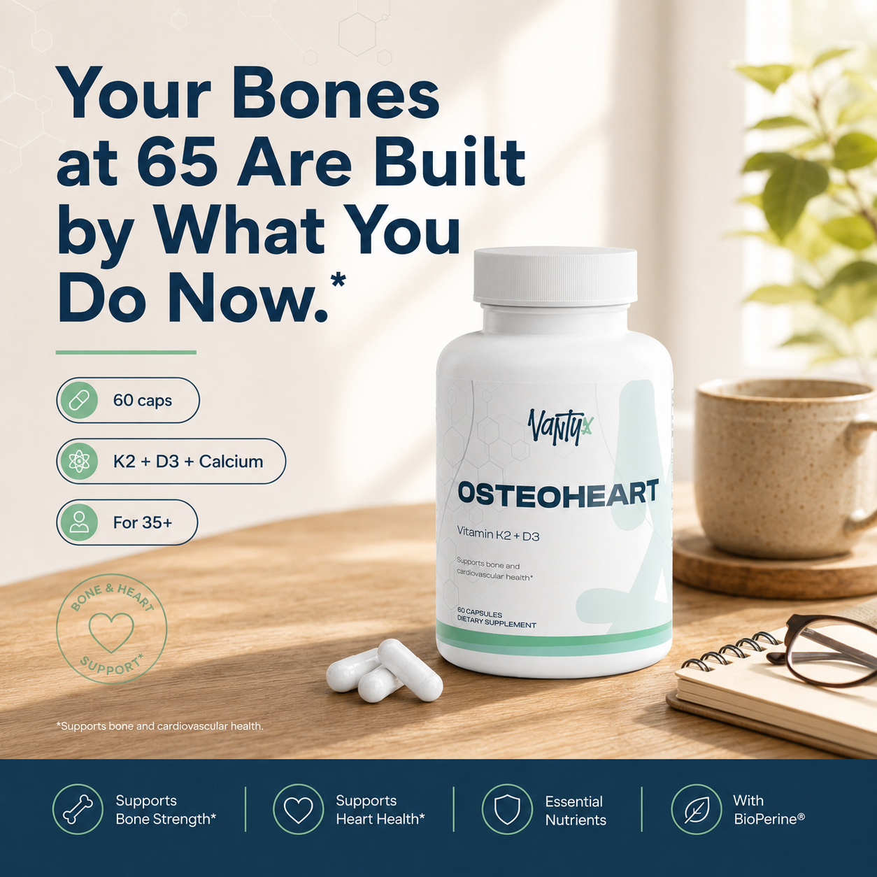 Osteoheart Vantyx — Apoyo Óseo y Cardíaco con Vitamina K2 (MK-7) + D3 + Calcio + BioPerine · 60 Cápsulas