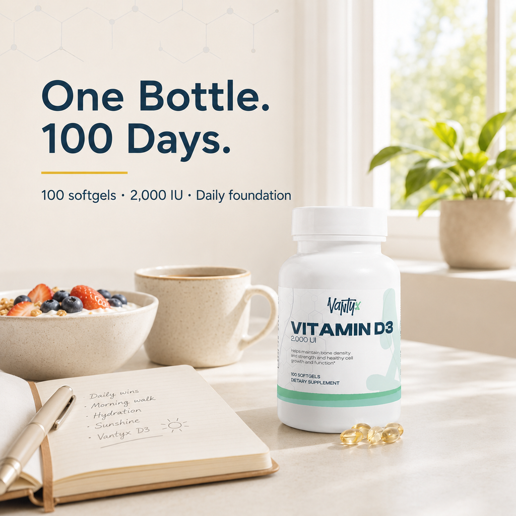Vitamina D3 2,000 UI Vantyx — Huesos, sistema inmunitario y bienestar diario · 100 cápsulas blandas (suministro para 100 días)