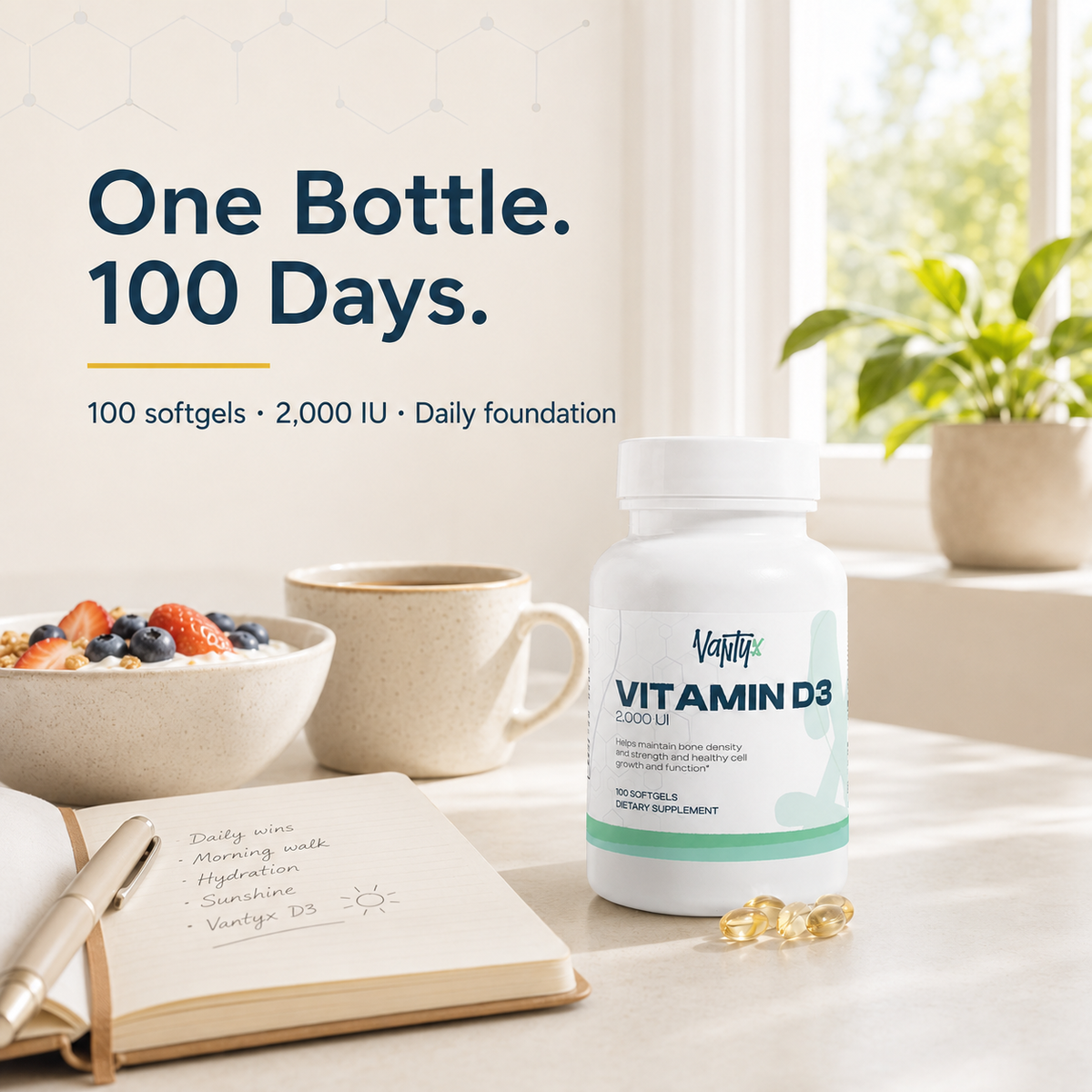 Vitamina D3 2,000 UI Vantyx — Huesos, sistema inmunitario y bienestar diario · 100 cápsulas blandas (suministro para 100 días)