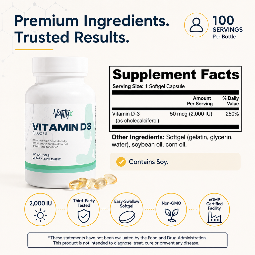 Vitamina D3 2,000 UI Vantyx — Huesos, sistema inmunitario y bienestar diario · 100 cápsulas blandas (suministro para 100 días)