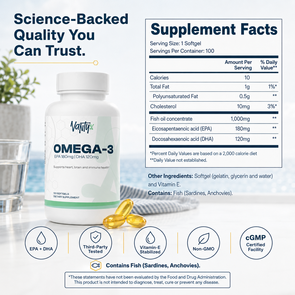 Vantyx Omega-3 Fish Oil — EPA 180mg + DHA 120mg · 100 Softgels