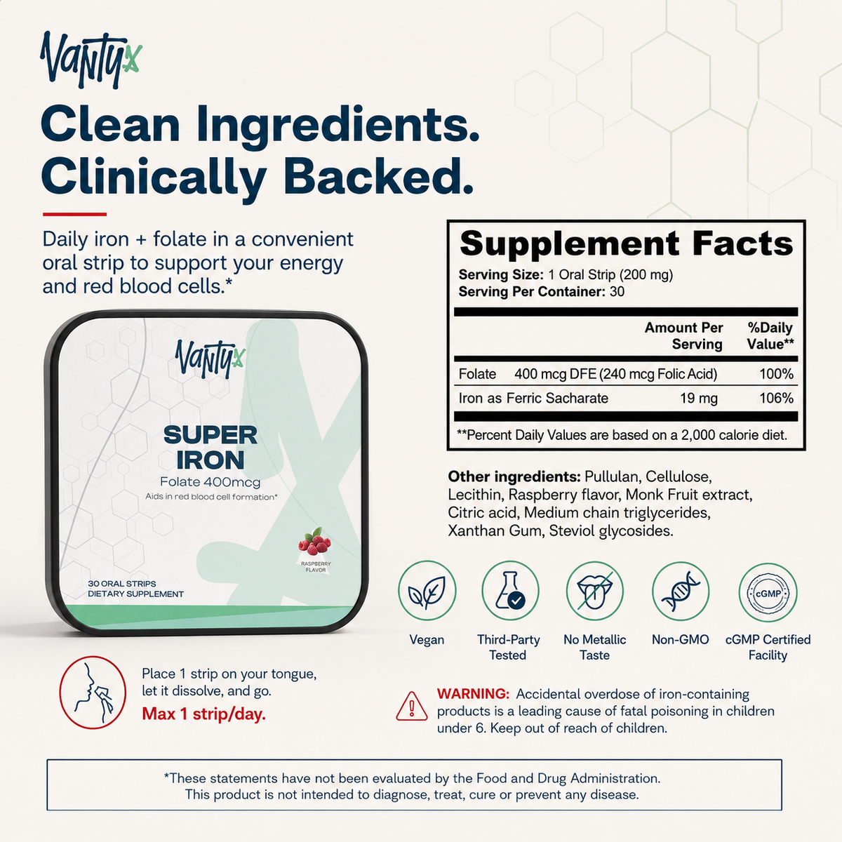 Vantyx Super Iron Strips — Iron + Folate, 30 Raspberry Strips