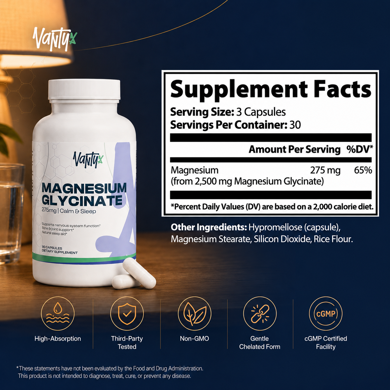 Magnesium Glycinate 275mg — Calm & Sleep · 90 Capsules