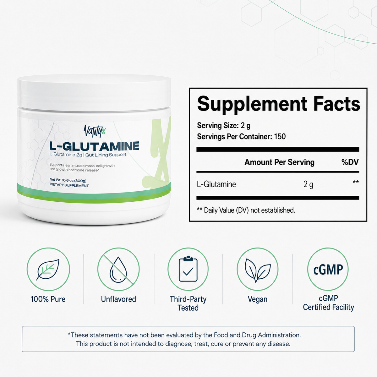 L-Glutamine Powder — Gut Lining Support · 2g per Serving · 300g (150 Servings)