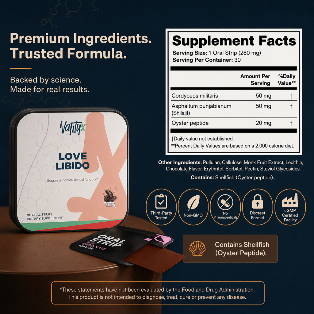Love Libido Strips Vantyx — Tiras Orales con Cordyceps, Shilajit y Péptido de Ostra · 30 Tiras de Chocolate