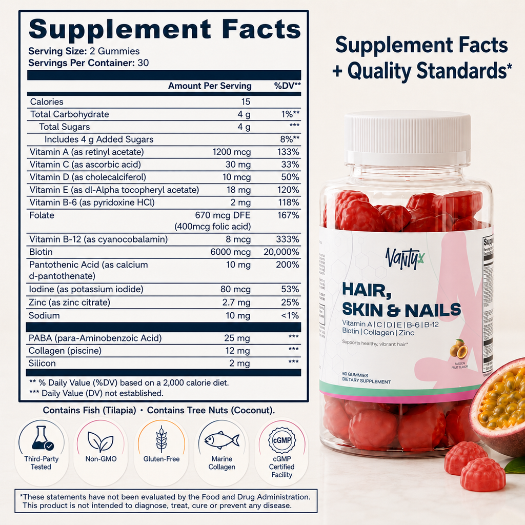 Gomitas para el cabello, la piel y las uñas Vantyx — Biotina 6000mcg + Colágeno + Multivitamínico · 60 Gomitas Sabor Maracuyá