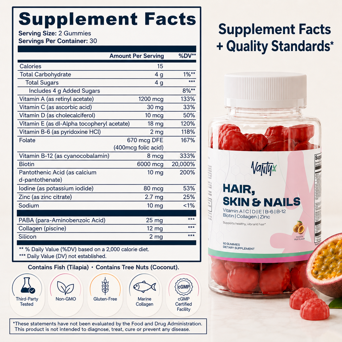 Gomitas para el cabello, la piel y las uñas Vantyx — Biotina 6000mcg + Colágeno + Multivitamínico · 60 Gomitas Sabor Maracuyá