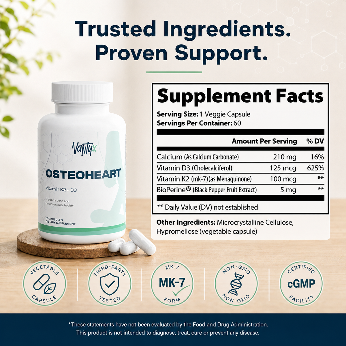 Osteoheart Vantyx — Apoyo Óseo y Cardíaco con Vitamina K2 (MK-7) + D3 + Calcio + BioPerine · 60 Cápsulas
