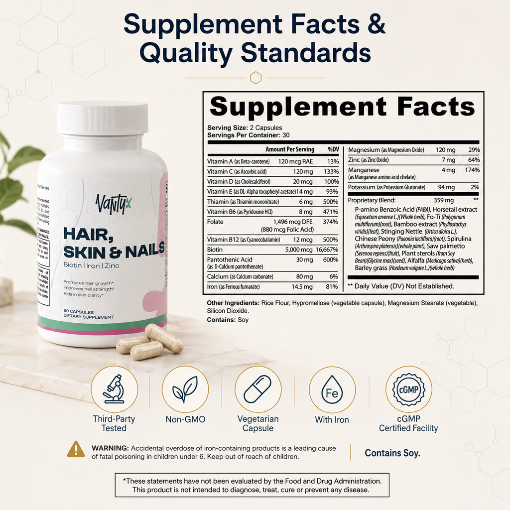 Hair, Skin & Nails Essentials Vantyx — Multivitamínico + Hierro + Biotina 5000mcg + Mezcla Botánica · 60 Cápsulas
