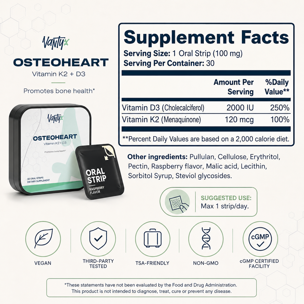 Vantyx Osteoheart Strips — D3 + K2, 30 Raspberry Strips