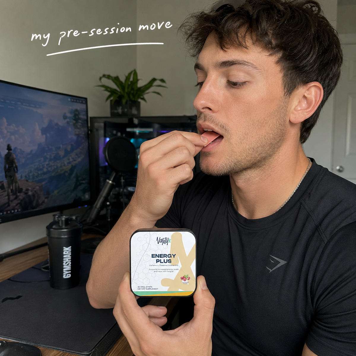 Man in a gaming setup holding a container of 'Energy Plus' supplement.